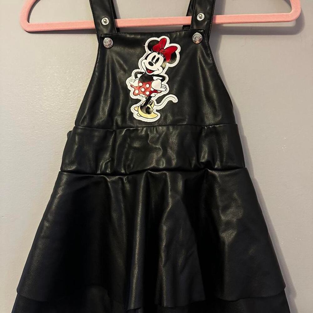 Black leather Minnie Mouse dress with red bow and polka dots